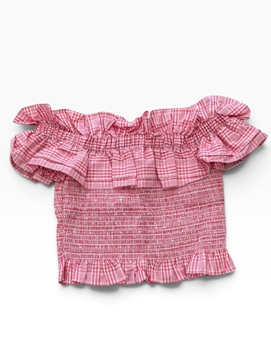 Tops - PETERSYN***Pink Tartan Ruffle Off-Shoulder Crop Top**Large $348